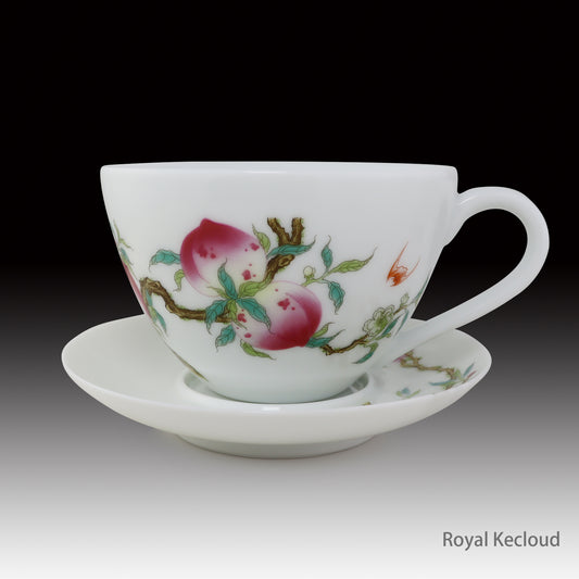 Imperial Peach & Bat Porcelain Coffee Cup and Saucer Set – Symbol of Happiness, Health & Longevity