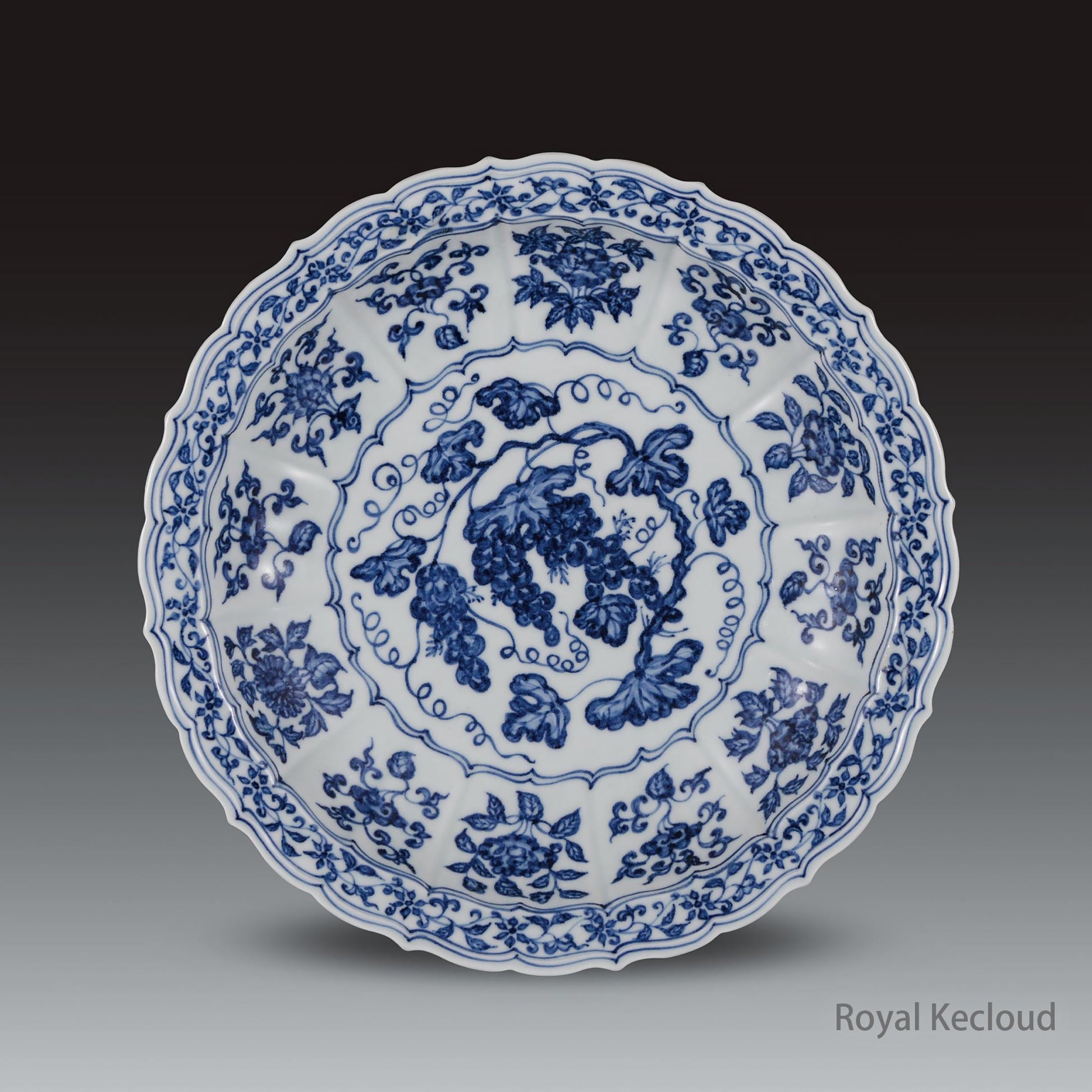 Imperial Porcelain Dish | Ming Dynasty Yongle | Blue and White Barbed ‘Grape’ Porcelain Dish