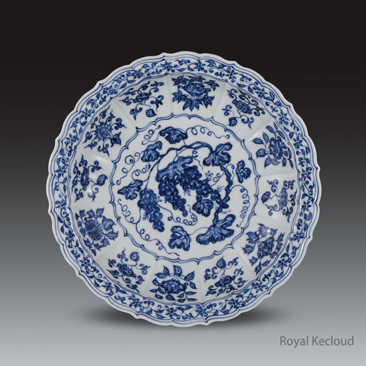 Imperial Porcelain Dish | Ming Dynasty Yongle | Blue and White Barbed ‘Grape’ Porcelain Dish