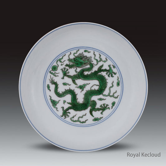 Imperial Porcelain Dish | Qing Dynasty Kangxi | Doucai (Contrasting Colors) Green ‘Dragon’ Ceramic Dish