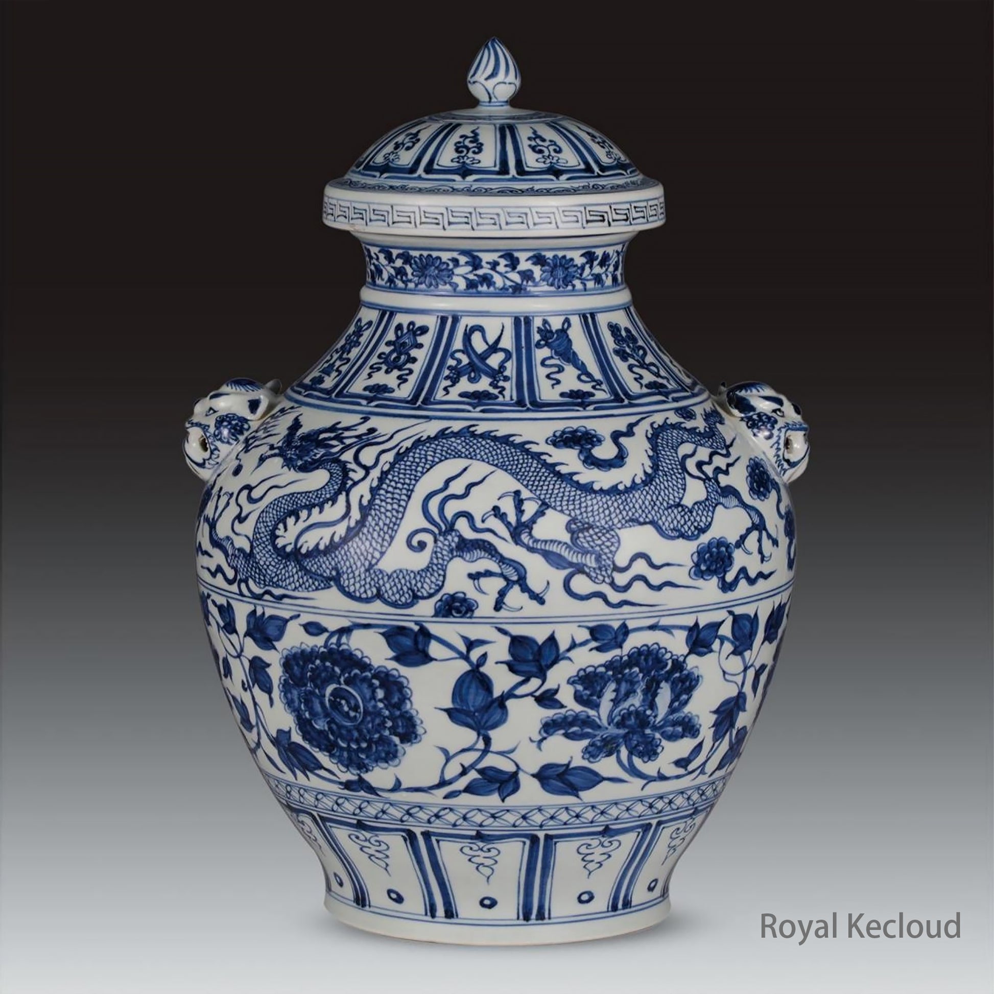 Imperial Porcelain Jar | Yuan Dynasty | Blue and White ‘Yunlong Peony’ Animal-Eared Jar with Tangled Branches