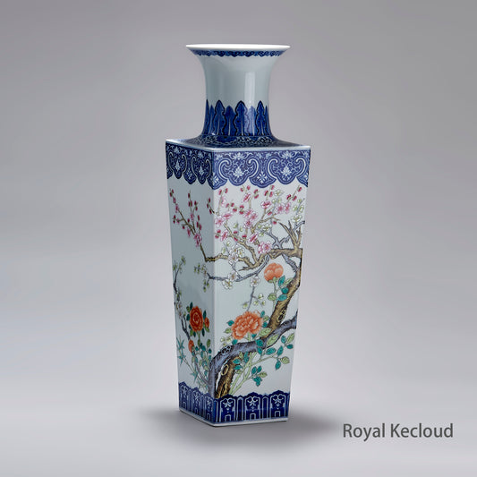 Qing Dynasty Blue and White Famille Rose 'Florals' Square Vase
