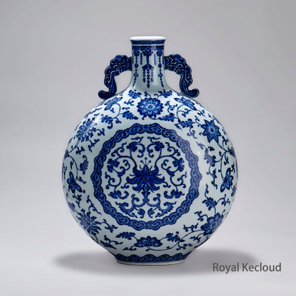 Qing Dynasty Imperial Blue and White Porcelain Moon-Flask (vase) |  Florals 