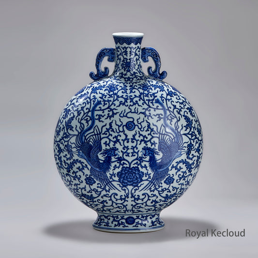 Qing Dynasty 'Phoenix' Blue and White Porcelain Moon-Flask