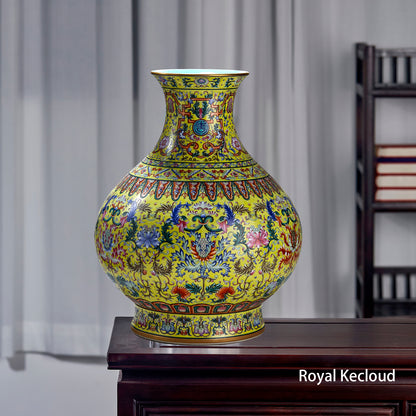 Qing Dynasty Yellow-Ground Famille Rose ‘Florals’ Porcelain Vase (Yuhuchun) – Qianlong Emperor