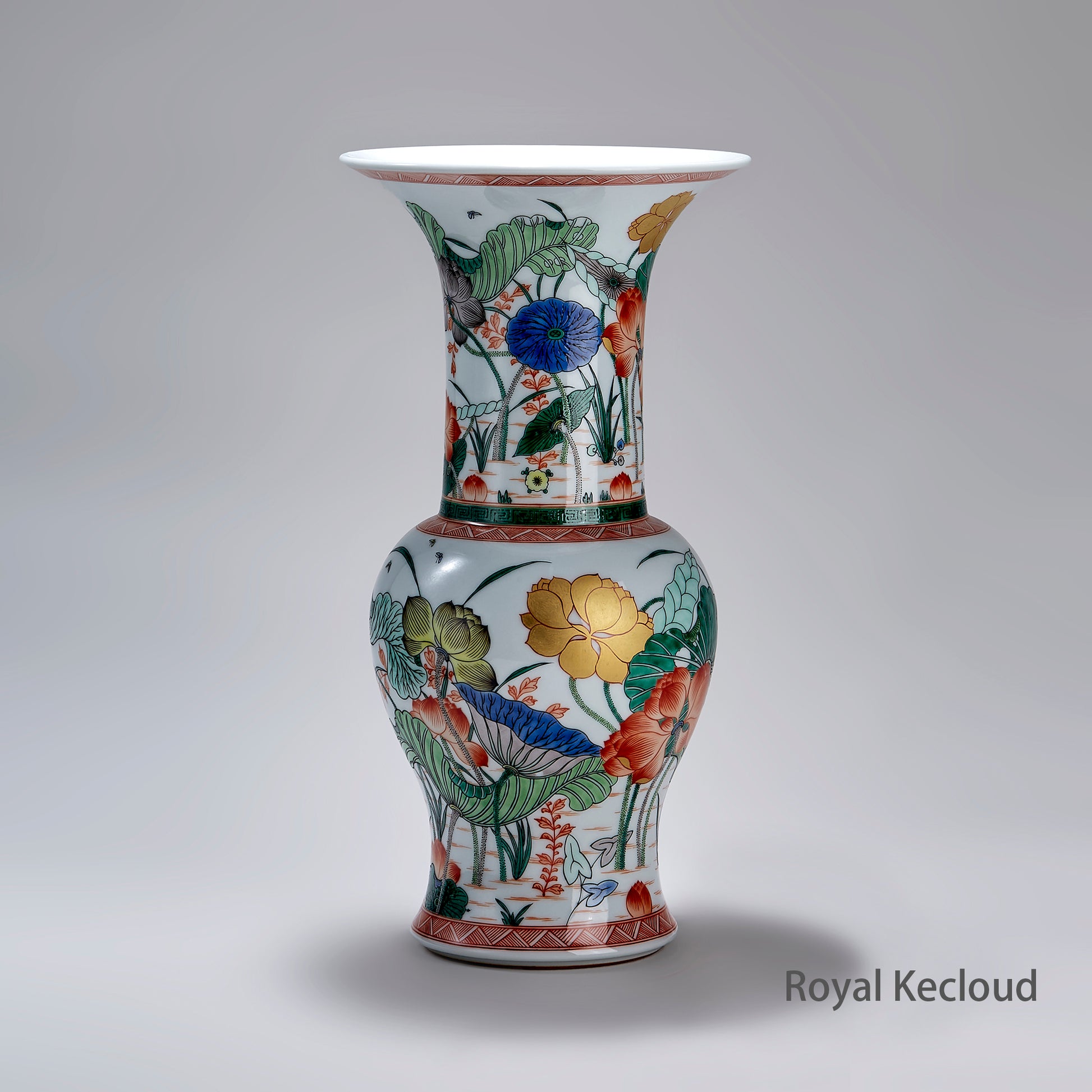 Royal Kangxi Wucai Lotus Pond Gu-Form Vase