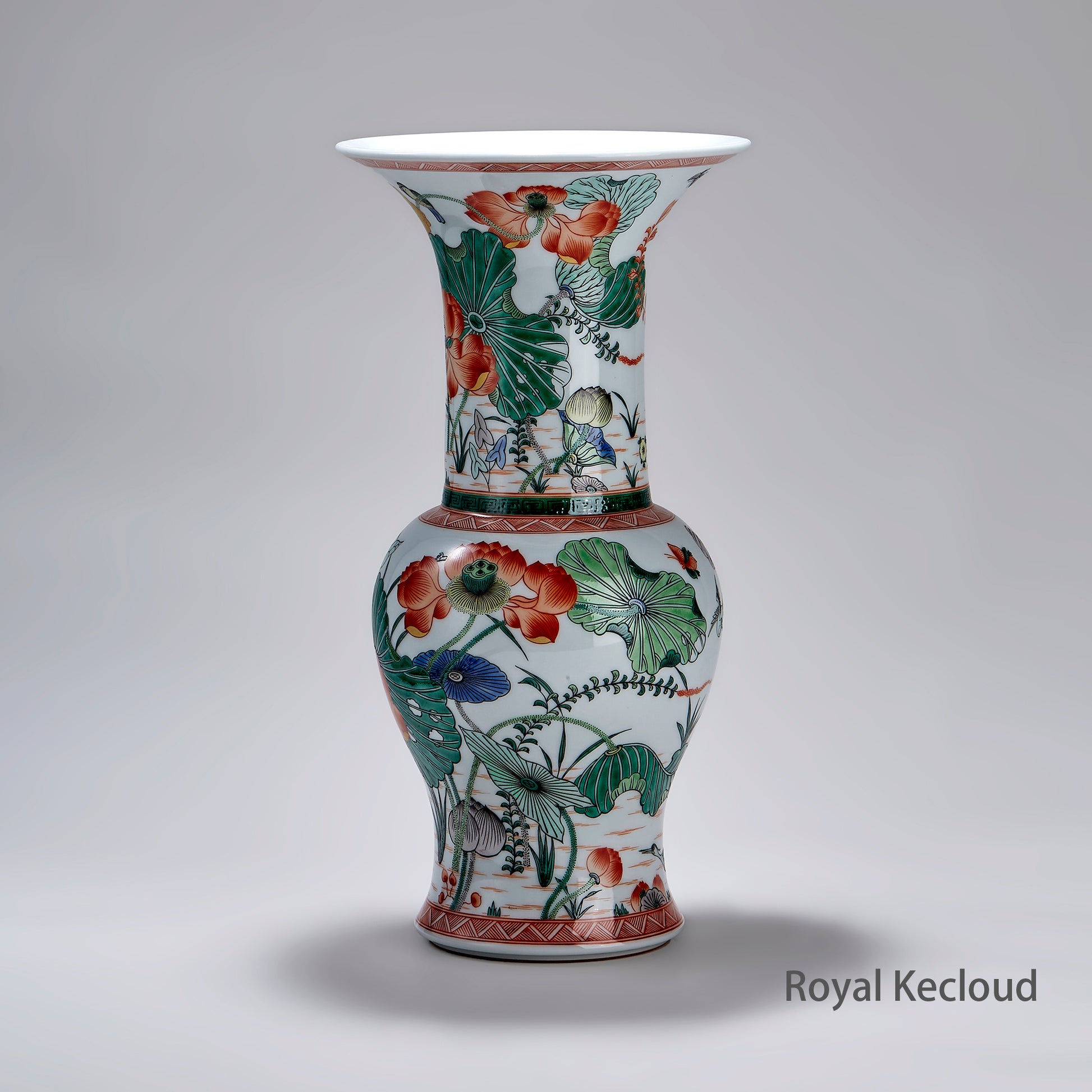 Royal Kangxi Wucai Lotus Pond Gu-Form Vase