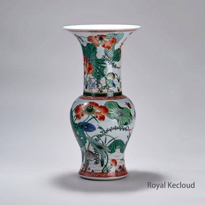 Royal Kangxi Wucai Lotus Pond Gu-Form Vase