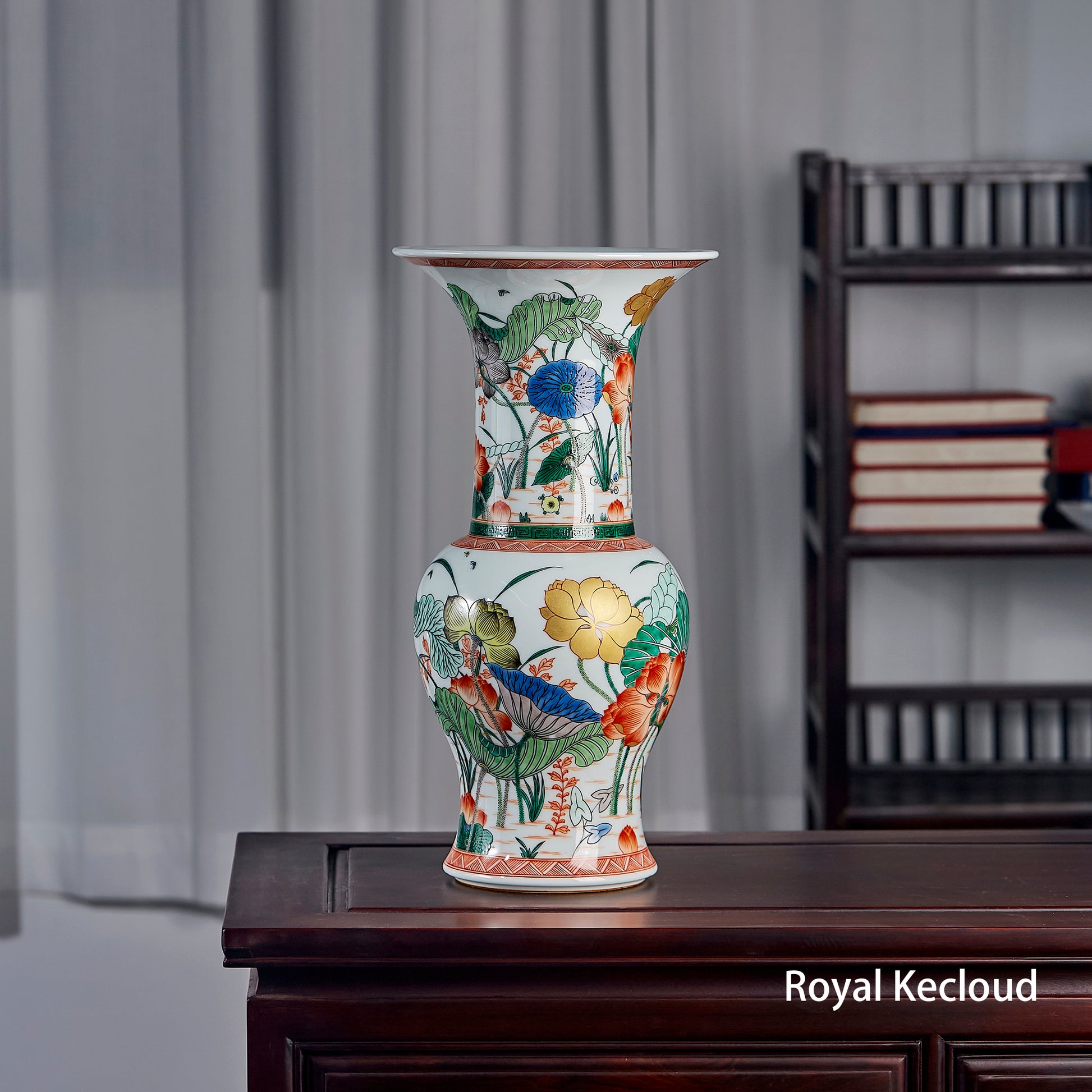 Royal Kangxi Wucai Lotus Pond Gu-Form Vase