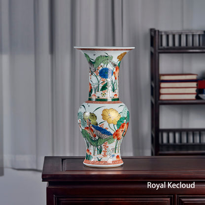 Royal Kangxi Wucai Lotus Pond Gu-Form Vase