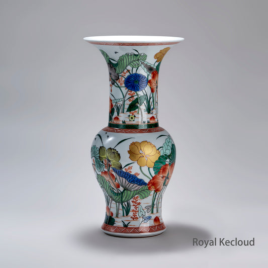 Royal Kangxi Imperial Five-Color ‘Lotus Pond’ Tall Goblet-Form Ceramic Vase (Gu)
