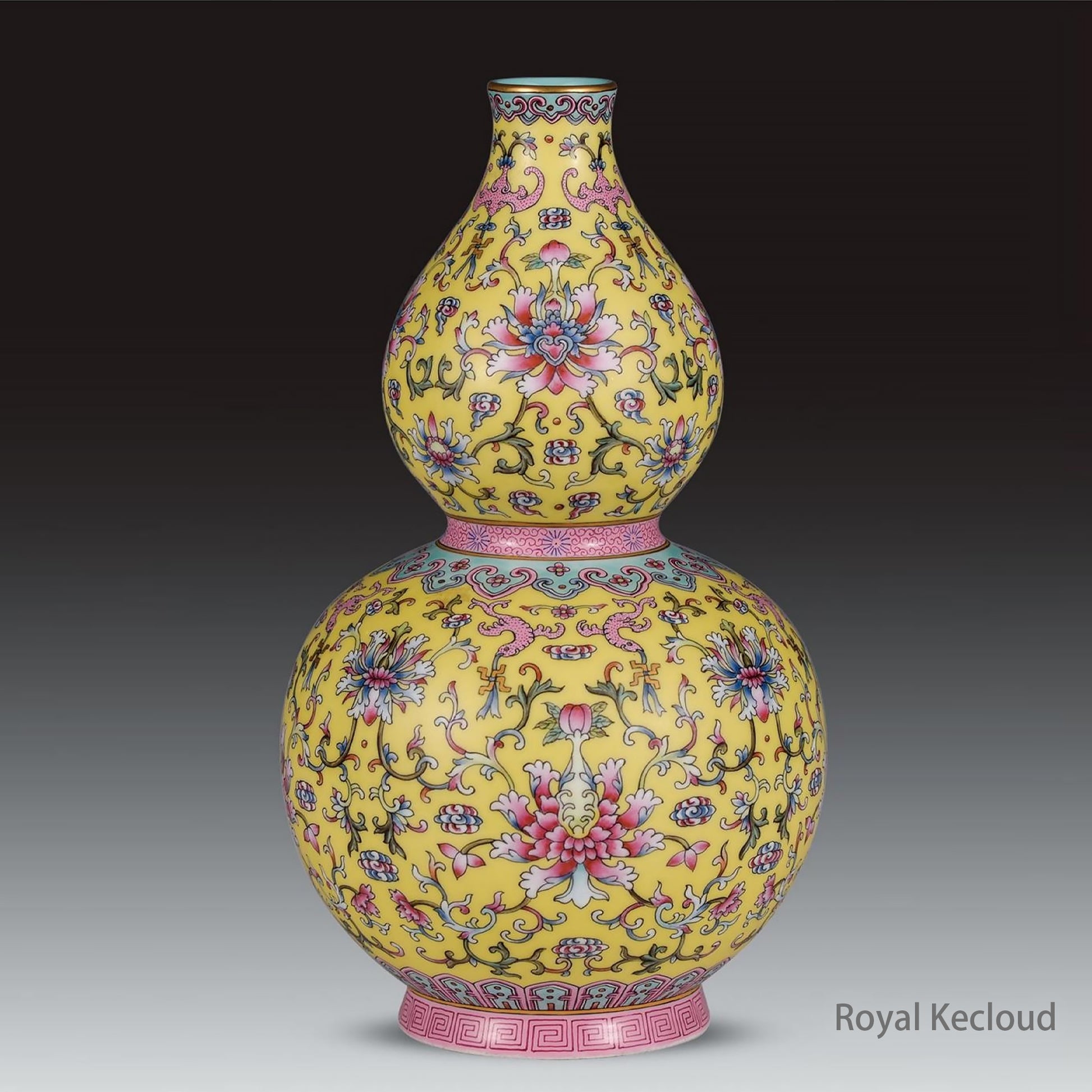 Royal Porcelain Bottle | Qing Dynasty Qianlong | Yellow-Ground Famille Rose ‘Lotus’ Gourd