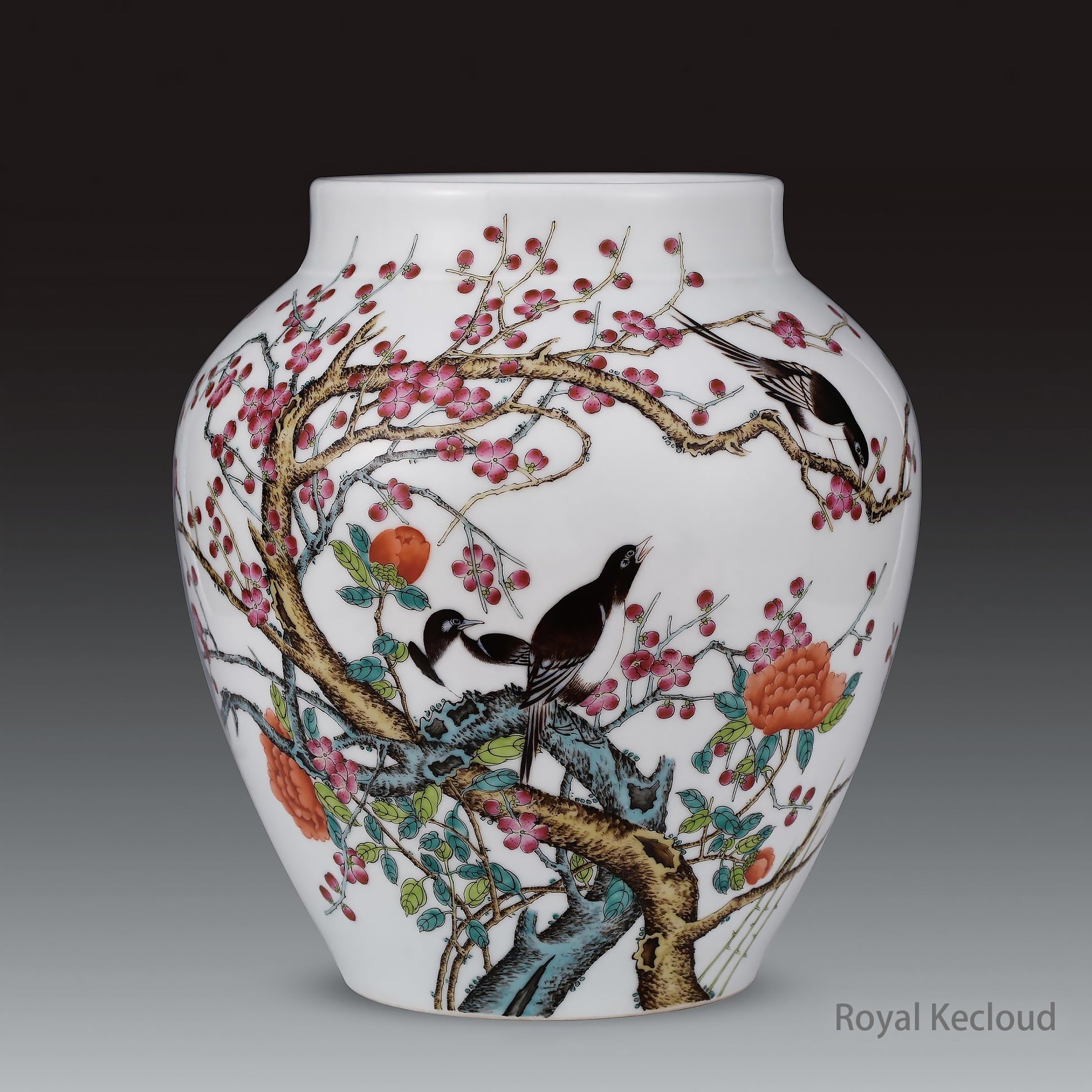 Royal Porcelain Jar and Cover | Qing Dynasty Guangxu | Famille Rose ‘Magpies and Plum Blossoms’