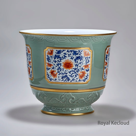 Royal Porcelain Jardinière | Qing Dynasty Qianlong | Carved Celadon Blue and White