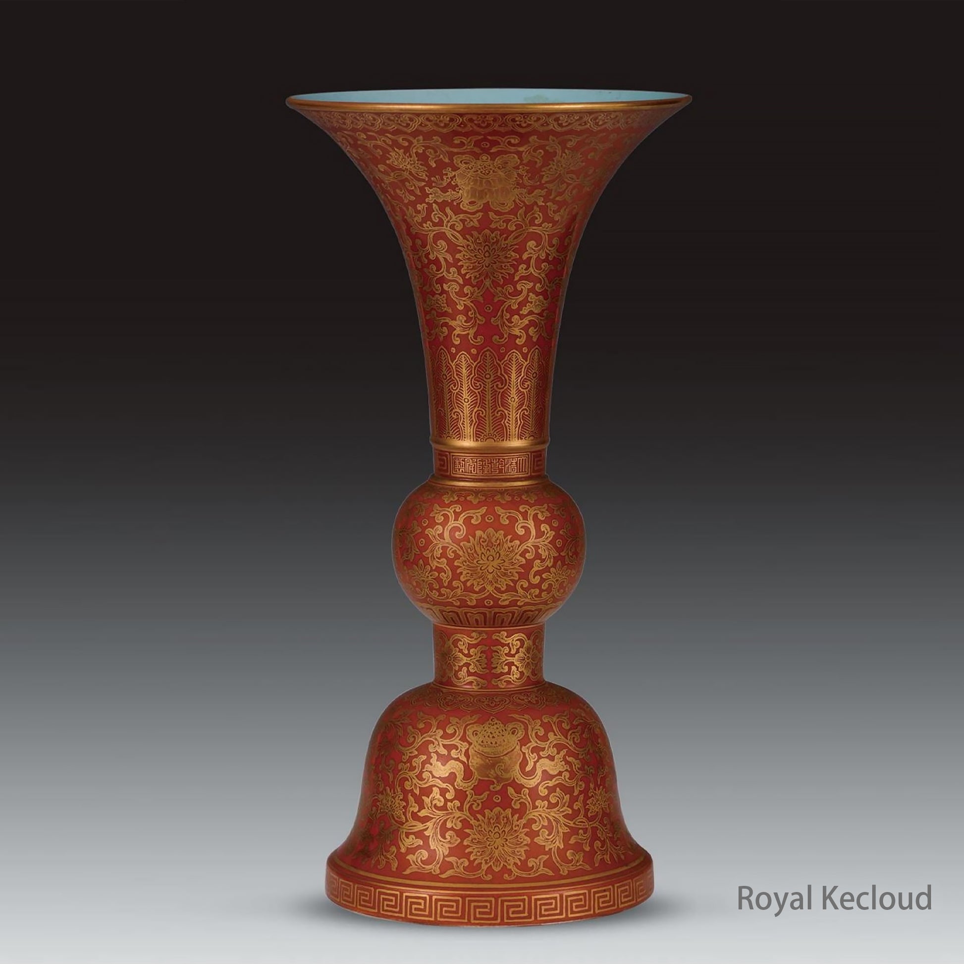 Royal Porcelain Vase | Qing Dynasty Qianlong | Gilt-Decorated ‘Floral’ on Coral-Red-Ground Gu-Form