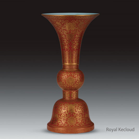 Royal Porcelain Vase | Qing Dynasty Qianlong | Gilt-Decorated ‘Floral’ on Coral-Red-Ground Gu-Form