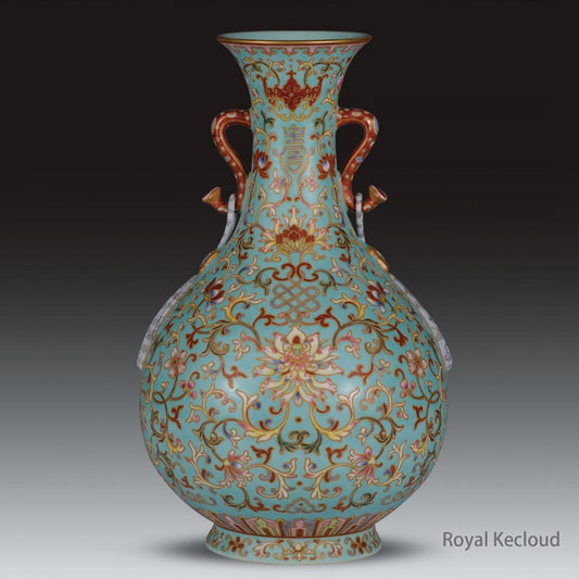 Royal Porcelain Vase | Qing Dynasty Qianlong | Turquoise-Ground Famille Rose ‘Bajixiang’ Pear-Shaped Bottle
