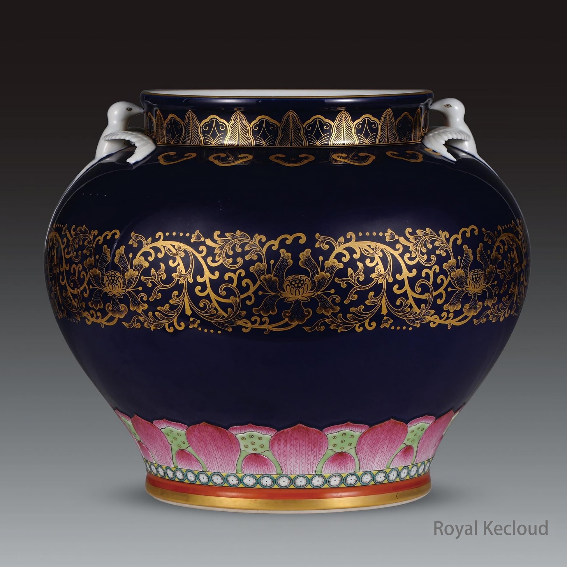 Royal Porcelain Vessel | Qing Dynasty | Indigo-Glazed Zun with Swallows and Gold Design