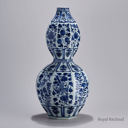 Imperial Yuan Dynasty Blue-and-White Double-Gourd Porcelain Vase with Melons and Animals