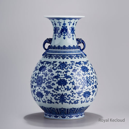 Chinese Royal Blue and White Porcelain Vase with Two Ears, Antique