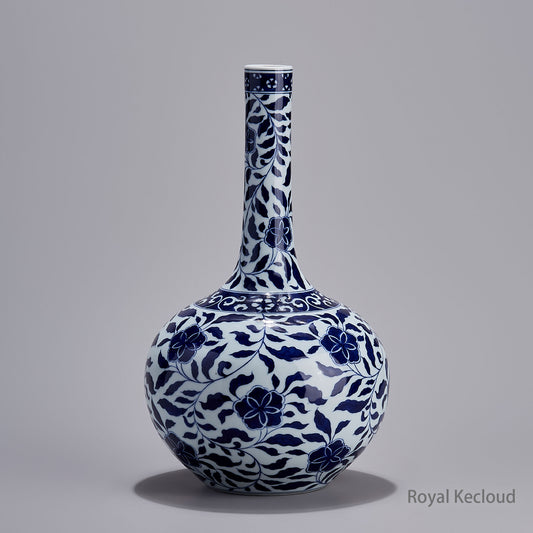 Jingdezhen Handmade Blue-and-white Globular Vase with Interlocking Lotus Designs