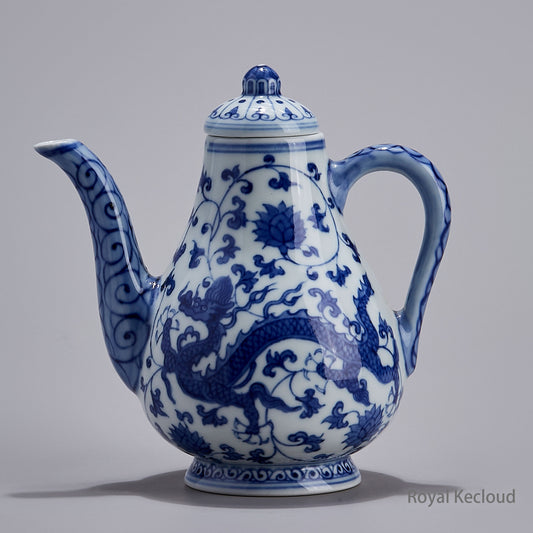 Jingdezhen Handmade Blue-and-white Pear-shaped Ewer with Dragon through Flower