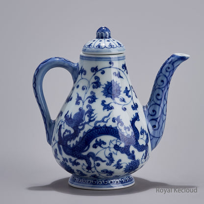 Jingdezhen Handmade Blue-and-white Pear-shaped Ewer with Dragon through Flower
