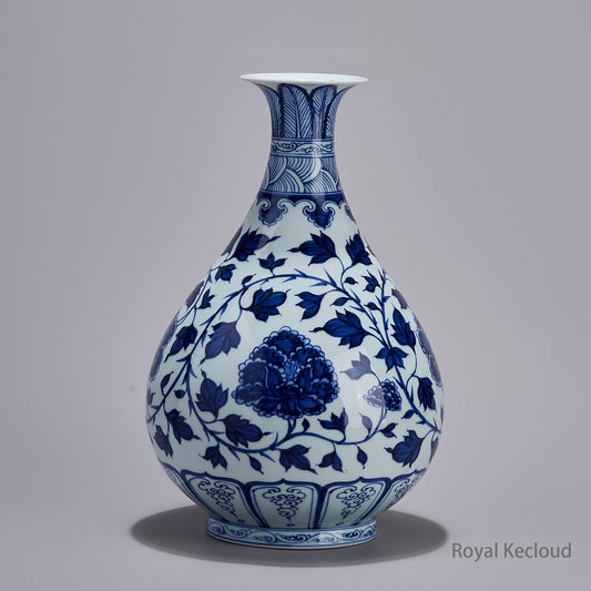 Jingdezhen Handmade Blue-and-white ‘Peony Scroll' Porcelain Pear-Shaped Vase