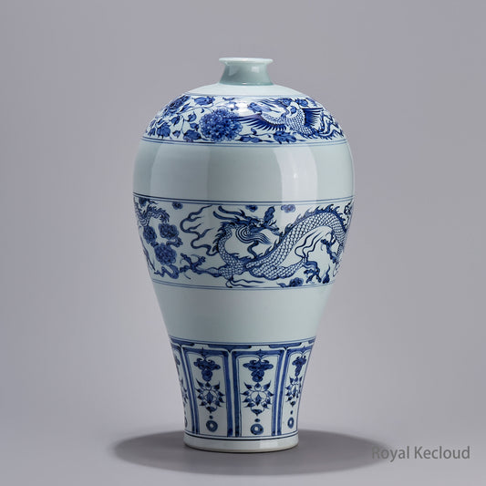 Blue-and-white Prunus Vase with Design of Dragon among Clouds and flowers