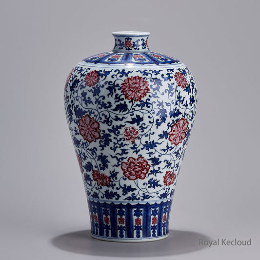 Blue-and-white Prunus Vase with Interlocking Lotus Design in Underglazed Red