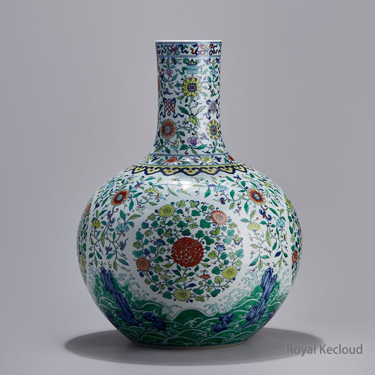 DouCai Globular Vase with Interlocking Flowers Design, Jingdezhen Handmade Porcelain Vase