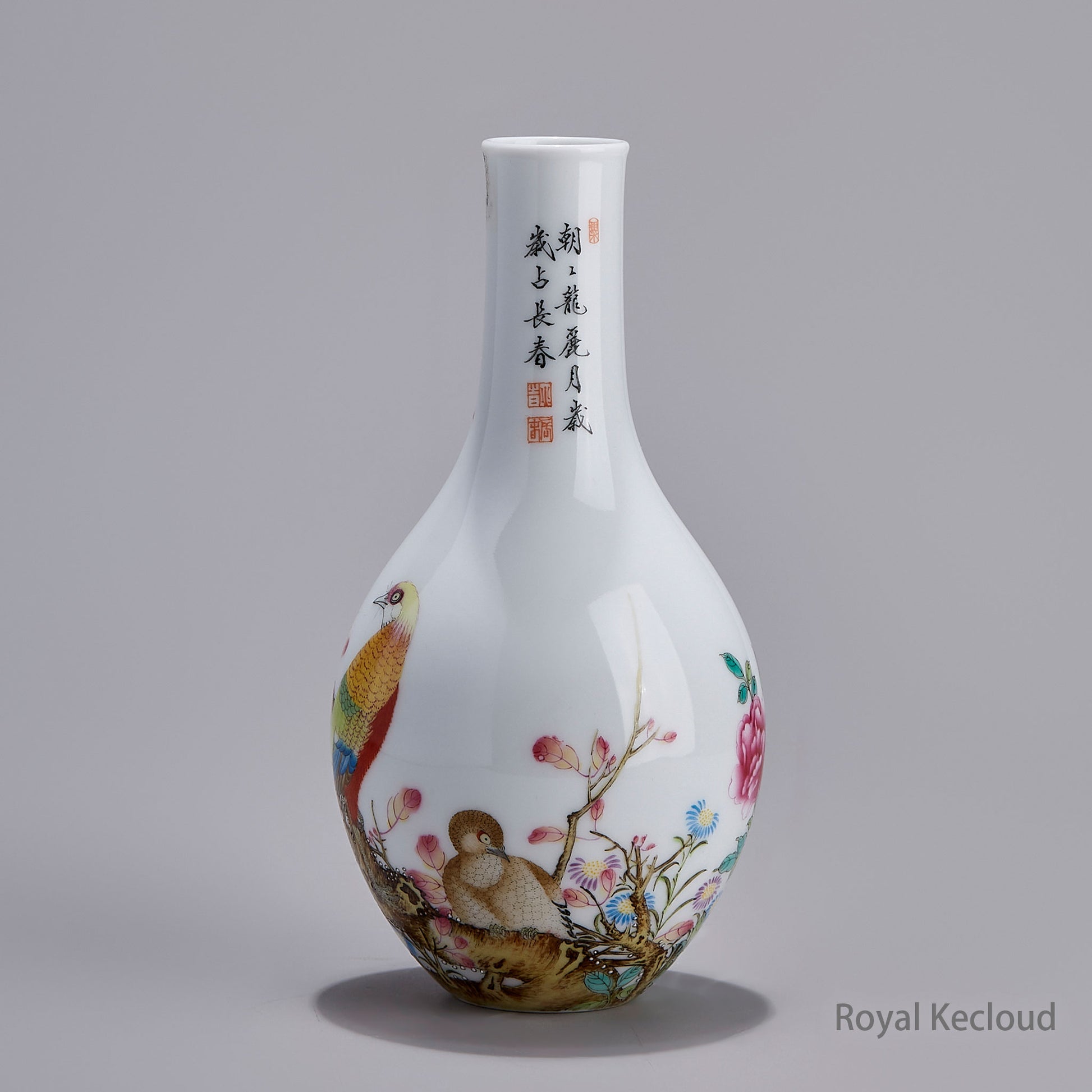 An Enameled 'Floral and Pheasant' Gallbladder-Shaped Vase, Jingdezhen Handmade Porcelain Vase