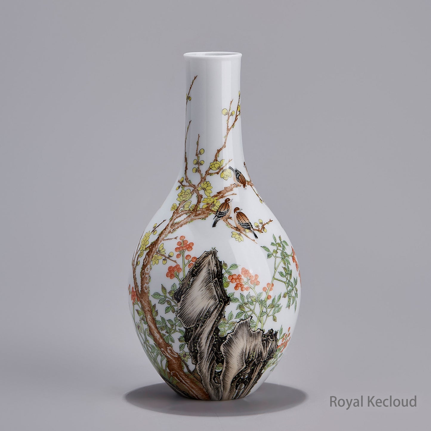 Chinese Ancient Royal Porcelain Enameled 'Flowers, Birds and Rocks' Gallbladder-Shaped Vase
