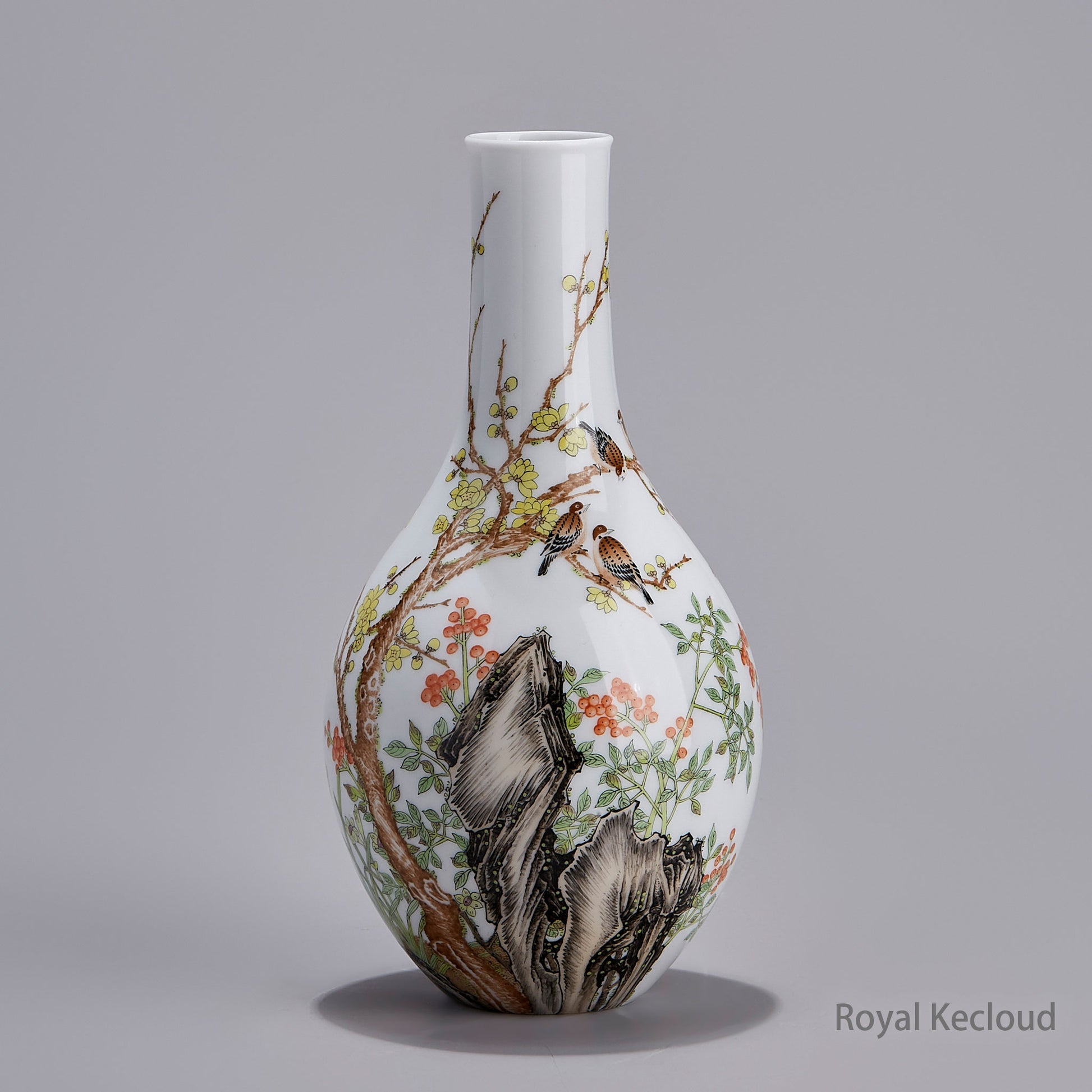 Chinese Ancient Royal Porcelain Enameled 'Flowers, Birds and Rocks' Gallbladder-Shaped Vase