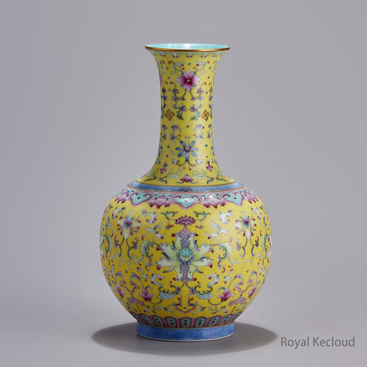 A Rare Famille-Rose Yellow-Ground Porcelain Vase with Interlocking Lotus