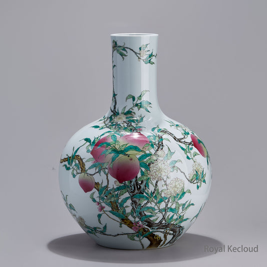 Jingdezhen Handmade Famille-rose Porcelain Globular Vase with Nine Peaches, TIANQIUPING