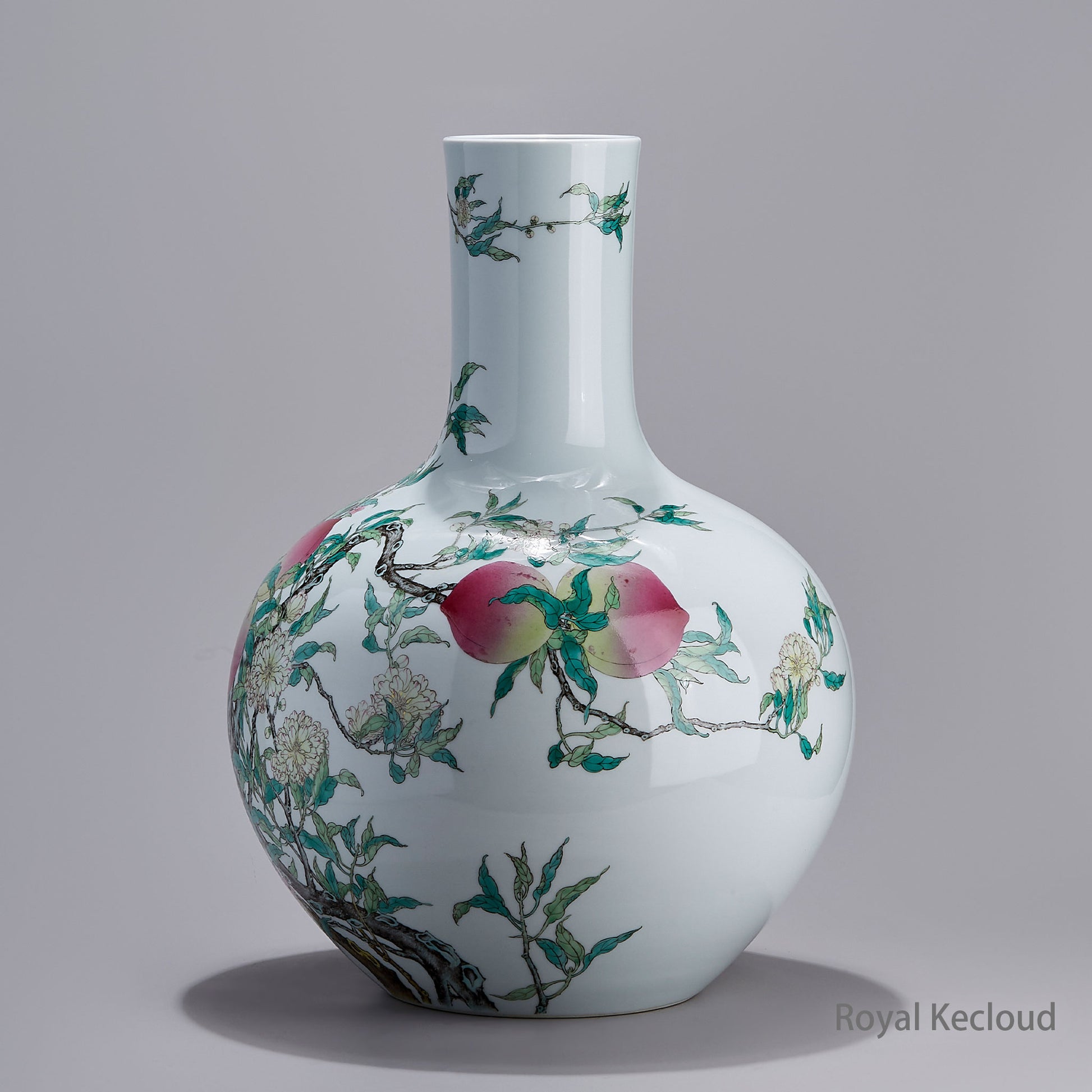Jingdezhen Handmade Famille-rose Porcelain Globular Vase with Nine Peaches, TIANQIUPING
