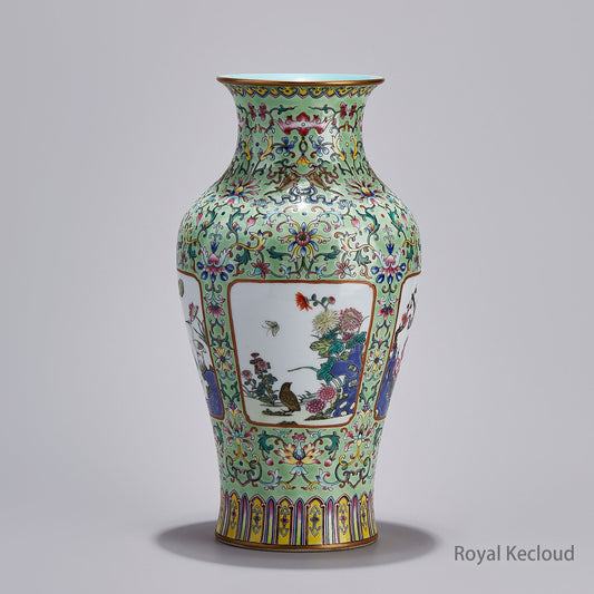 A Rare Famille Rose Green-Ground Vase, GuanYin Zun, Jingdezhen Handmade Porcelain Vase
