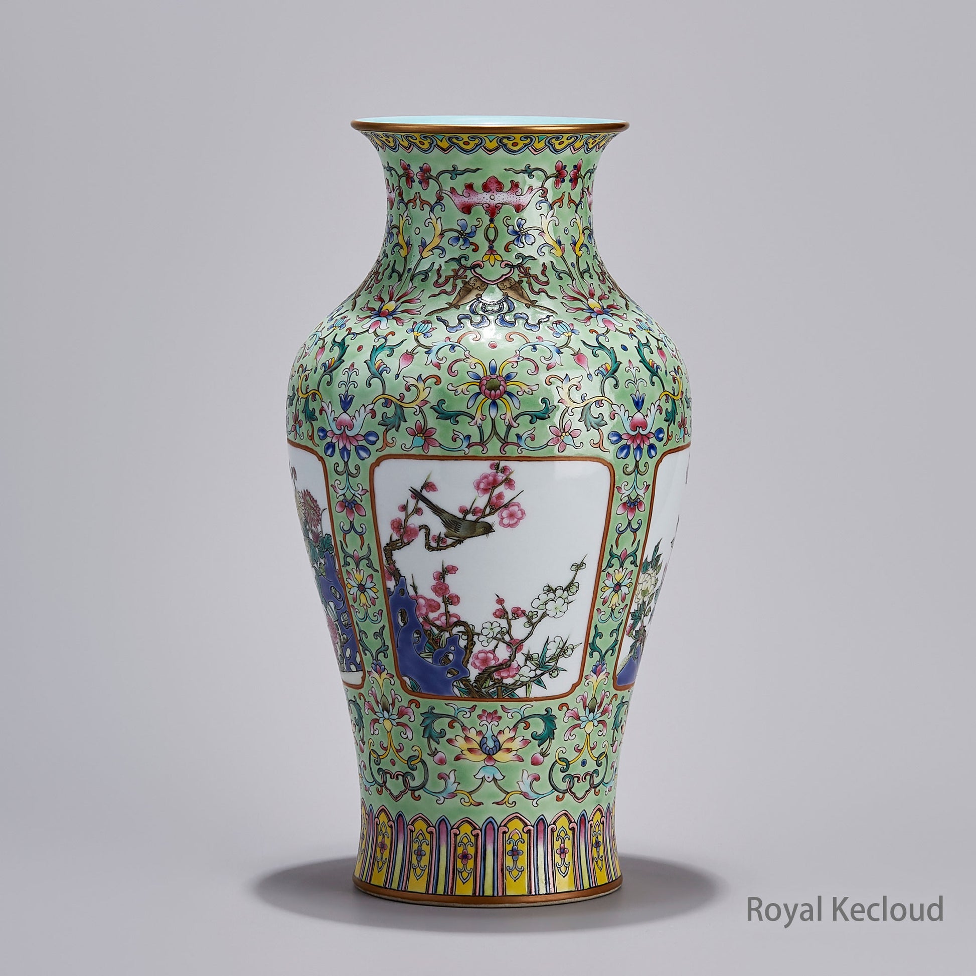 A Rare Famille Rose Green-Ground Vase, GuanYin Zun, Jingdezhen Handmade Porcelain Vase