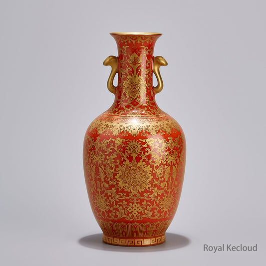 Chines Royal Porcelain Gilt Decorated Coral Ground Vase, Jingdezhen Porcelain Vase Repica