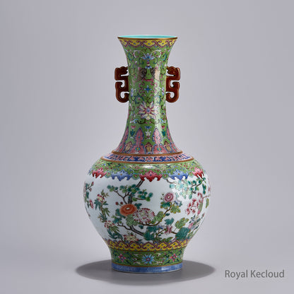 Royalkecloud Green Ground Famille Rose Vase with Two Ears, Jingdezhen Handmade Porcelain Vase