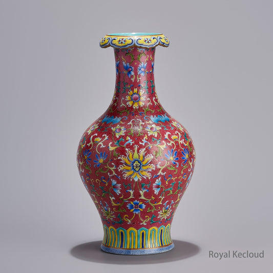 Jingdezhen Handmade Red-Ground Famille Rose Porcelain Vase with Interlocking Lotus Designs