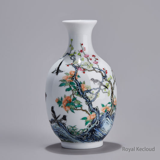 Jingdezhen Handmade Vase with Enamel Decoration of Magpies and Prunus