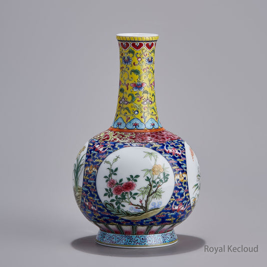 A Unique Porcelain Vase with Flowers in Enamels in Reserved Panels