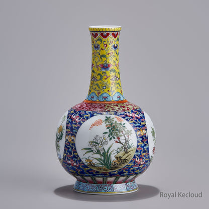 A Unique Porcelain Vase with Flowers in Enamels in Reserved Panels