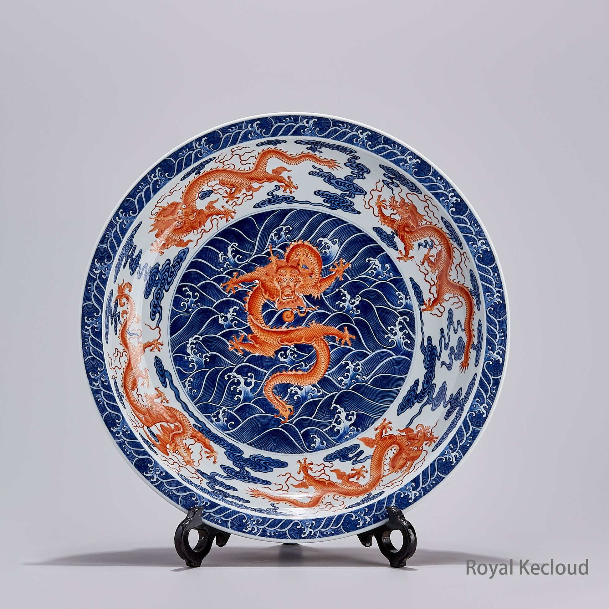 Chinese Ancient Royal Underglaze-Blue and Iron-Red 'Nine Dragon' Porcelain Dish