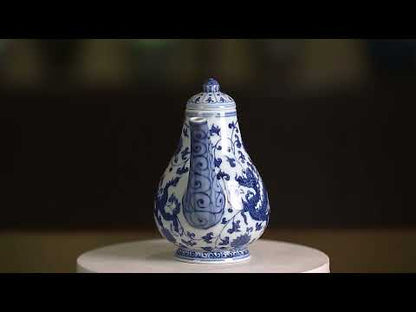 Aguamanil en forma de pera azul y blanca de porcelana real antigua china con dragón y flor