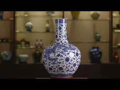 Jingdezhen Handmade Blue-and-white Vase with the Design of Dragon Flying among Flowers